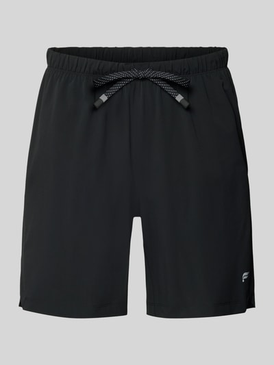 Produktfoto, schwarze Regular Fit Shorts mit Logo-Print von Fabletics aus elastischem Material-Mix, elastischer Bund mit Tunnelzug, glatte Textur