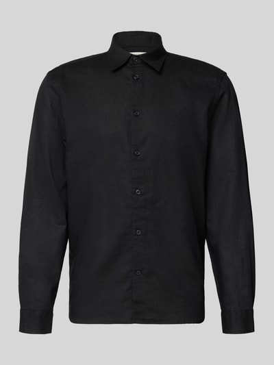 Produktfoto, schwarzes Regular Fit Freizeithemd aus Leinen-Baumwoll-Mix Modell 'CLAY LINENBLEND' von SELECTED HOMME, Kentkragen, Melange-Optik.
