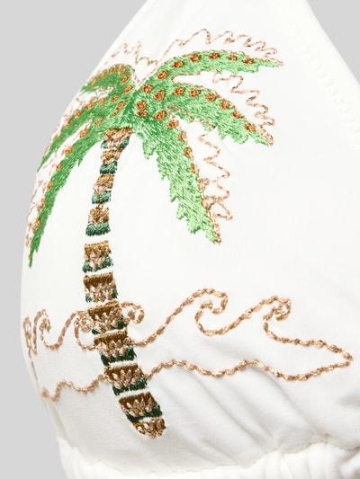 Mężczyznamodel trägt bikini z haftami model 'CRICOMASSA YOUNGLOVE' od Banana Moon, mieszanka materiałów z dodatkiem streczu, dopasowany krój, top bikini z wiązaniem na szyi, detal haft palmowy, zbliżenie biustu