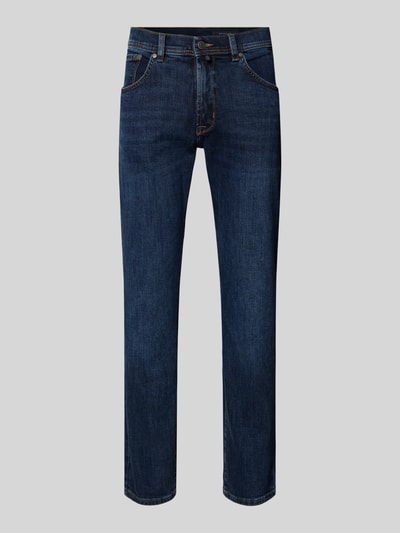 Produktfoto, Jeans mit Eingrifftaschen Modell 'Dijon' von Pierre Cardin, bawełniany miks ze streczem, krój slim fit, szerokość w rozmiarze 32/32: 39 cm, długość wewnętrzna nogawki: 78 cm, kolor ciemnoniebieski, widoczne kieszenie i szwy