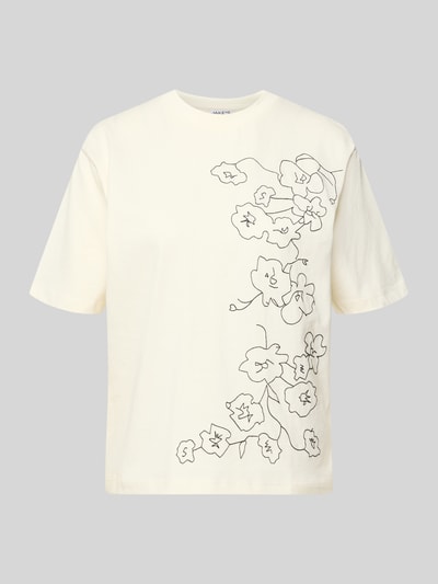 Productfoto, T-Shirt met Motiv-Stitching en ronde hals van JAKE*S STUDIO WOMAN, rechte fit, puur katoen, crèmekleur, bloemstiksel, ruglengte maat S: 57 cm