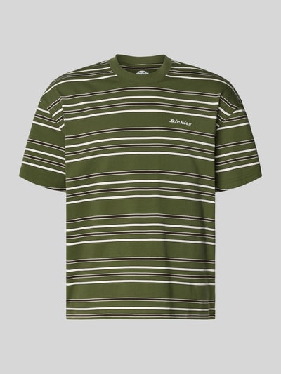Produktfoto, Herren T-Shirt von Dickies, T-Shirt mit Logo-Stitching Modell 'EAST LIBERTY', Reine Baumwolle, Relaxed-Fit, Rundhalsausschnitt, Rückenlänge 68 cm in Größe M, grün mit weißen und schwarzen Streifen, glatte Textur