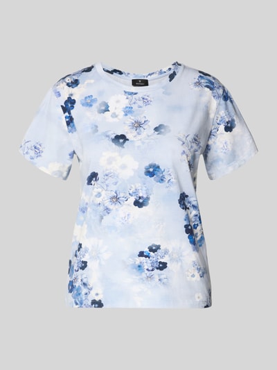 Produktfoto, T-Shirt im Allover-Look mit Rundhalsausschnitt von monari im floralen Muster, blau-weiß, Regular Fit, Baumwoll-Mix mit Modal-Anteil.