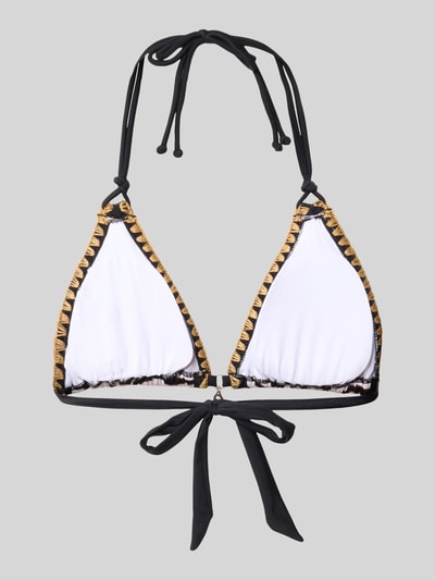 Produktfoto, Bikini-Oberteil im Allover-Look Modell 'BLUCO WILDJUNGLE' von Banana Moon, Damen Bikini, Material-Mix mit Stretch-Anteil, körpernahe Passform, Neckholder, Schnürung, weiße Vorderseiten mit schwarzem Rand und goldfarbenem Muster, weiche Textur