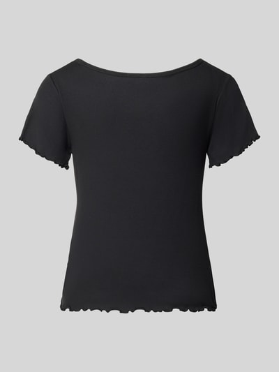 Frauenmodel trägt Regular Fit Pyjama-T-Shirt aus Modal-Mix Modell 'HUGO HEART' von HUGO, schwarz, feine Struktur, Damen Pyjama, Ganzkörperansicht Rückansicht.