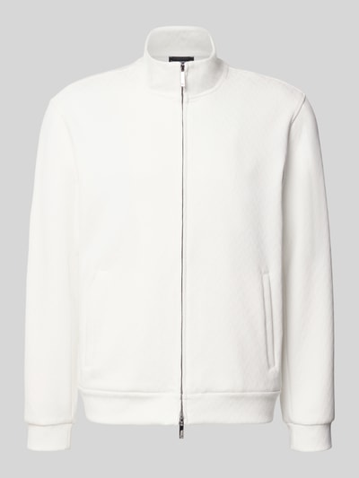 Produktfoto, Sweatjacke mit Stehkragen und Zweiwege-Reißverschluss von Emporio Armani in Weiß, glatte Textur, Baumwoll-Mix mit Lyocell-Anteil, Regular Fit, seitliche Eingrifftaschen, vor neutralem Hintergrund.