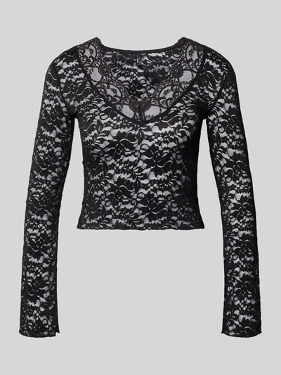 Produktfoto, zwart shirt met lange mouwen in kanten mesh-look, Slim Fit Langarmshirt in Spitzen-Mesh-Optik Modell 'NIKKA' van ONLY, Dames