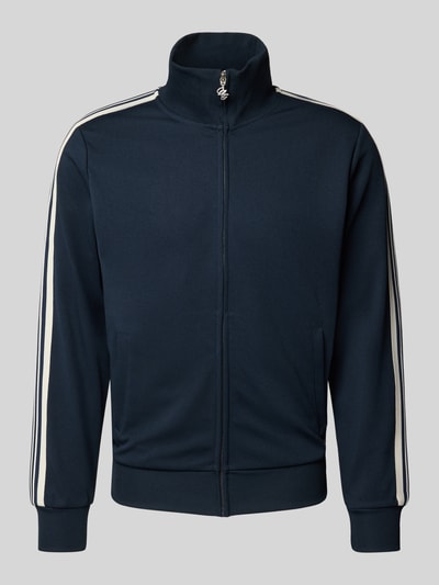 Produktfoto, Regular Fit Sweatjacke mit Stehkragen Modell 'ORSALAMANCO' von JACK & JONES, dunkelblau mit weißen Streifen, elastische Abschlüsse, Eingrifftaschen, schlichte Textur
