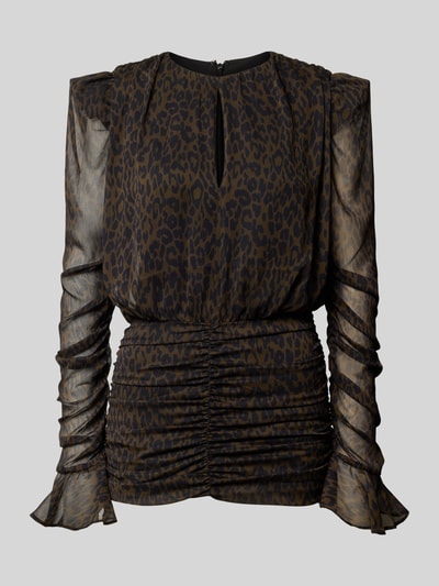 Produktfoto, Minikleid mit Allover-Animal-Print von ROTATE, Slim Fit mit Raffungen, Schlüssellochausschnitt, langärmliges Design, dunkelbraune und schwarze Töne, fein strukturierter Stoff, Kontext: Damen Minikleid, Gesamtlänge 88 cm, Brustweite 41 cm, Ärmellänge 69 cm