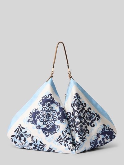 Produktfoto, Handtasche mit Tragehenkel Modell 'FOULARD' von Liu Jo White aus Satin, Hauptfach mit Reißverschluss, Label-Applikation, florales Blau-Weiß-Muster, Tragehenkel, 70 cm Breite, 40 cm Länge, 5 cm Tiefe, 38 cm Schulterriemen.