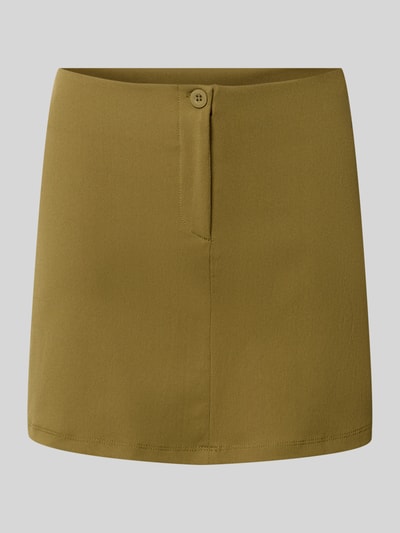 Produktfoto, Slim Fit Minirock mit Reißverschluss von Gina Tricot in Olivgrün, Elastischer-Material-Mix, Knopfverschluss, Bundweite 42 cm, Gesamtlänge 35 cm