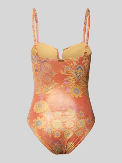 Produktfoto, Badeanzug mit Allover-Muster von Lauren Ralph Lauren in Orange und Gelb, Optik:Allover-Muster, Trägerform:Spaghettiträger, ohne Bügel, Cup-Detail:Wattiert, Logo-Applikation, V-Ausschnitt, Materialverarbeitung:Stretch.