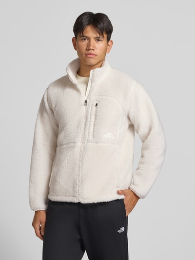 Männermodel trägt Fleecejacke mit Stehkragen und Brusttasche Modell 'EXTREME PILE' von The North Face, Teddyfell, Regular Fit, Ganzkörperansicht von vorne.