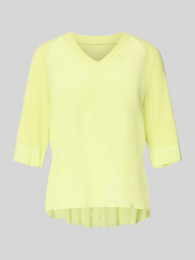 Produktfoto, T-Shirt mit V-Ausschnitt und 3/4-Arm von Marc Cain, bawełna z domieszką elastanu, krój relaxed fit, długość pleców w rozmiarze 36: 60 cm, jasny żółty kolor, gładka tekstura, proste linie