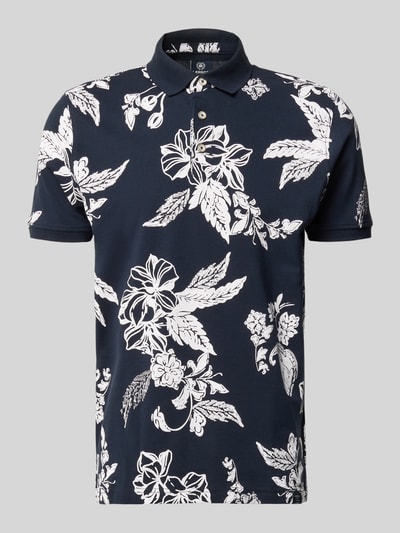 Produktfoto, Modern Fit Poloshirt mit Label-Detail von Lerros, donkerblauw met witte bloemenprint, puur katoen, polokraag, korte knoopsluiting, ruglengte bij maat M 74 cm.