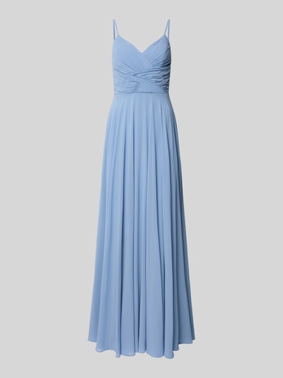 Produktfoto, Abendkleid mit Drapierungen und V-Ausschnitt von Mascara, niebieski kolor, dopasowany krój, długość maxi, dekolt V, szerokość w rozmiarze 36: 32 cm, długość tylna w rozmiarze 36: 128 cm, delikatna tkanina, lekkie marszczenia