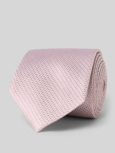 Produktfoto, Krawatte aus Seide mit Strukturmuster (7,5 cm) von Willen in zartem Rosa, klassische Form, Label-Detail, Breite 8 cm.