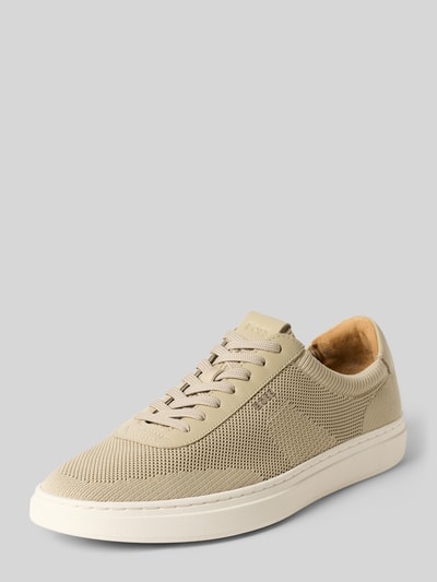 Produktfoto, Herren Low Top Sneaker mit Echtleder-Besatz Modell 'KIERAN' von BOSS, Optik: Unifarben, runde Schuhspitze, flache Absatzform, Label-Schriftzug, Schnürung, strukturierte Sohle.