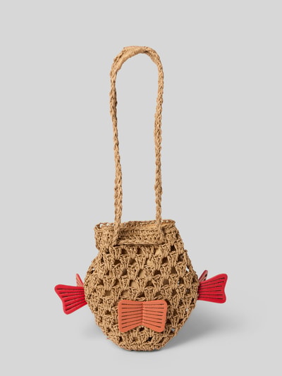 Produktfoto, Handtasche mit Schulterriemen Modell 'Glowie' von Barts z otwartą komorą główną, kolor beżowy z czerwonymi detalami, Szerokość w rozmiarze 1: 16 cm, długość: 18 cm, głębokość: 5 cm, długość paska: 54 cm, wyraźna struktura plecionki