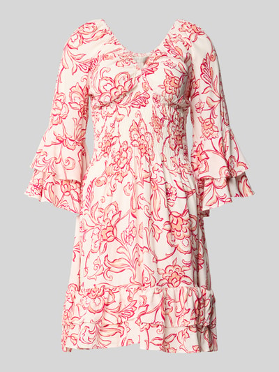Produktfoto, Minikleid aus Viskose mit V-Ausschnitt von Apricot, Damen Minikleid mit Allover-Look, Reine Viskose, Taillierter Schnitt, Rückenlänge 79 cm, Brustweite 44 cm, Ärmellänge 51 cm, florales Muster in Rosa auf hellgrundigem Stoff, strukturierter und weicher Look.