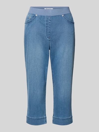 Produktfoto, Slim Fit Caprihose aus Baumwoll-Mix von Raphaela By Brax, unifarbene Optik, elastischer Bund, hellblaue Jeansstruktur