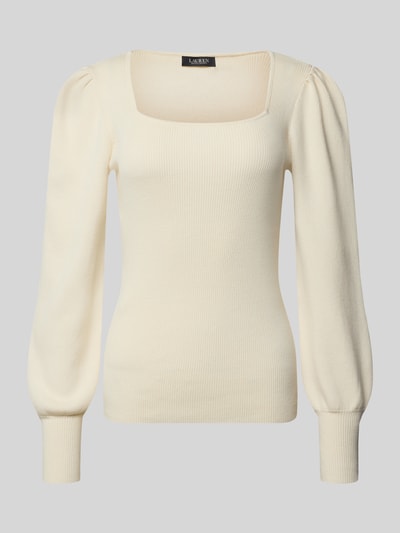 Produktfoto, cremefarbener Strickpullover mit Karree-Ausschnitt, Puffärmeln und Ripp-Optik, Modell 'DIEKA' von Lauren Ralph Lauren, Damenpullover aus Baumwoll-Mix mit Modal-Anteil, Slim Fit