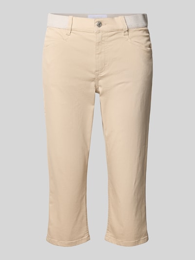 Produktfoto, spodnie capri z mieszanki bawełny z dodatkiem streczu, krój slim fit, elastyczny pas, model 'AnnaCapri Sporty' od Angels, szerokość w rozmiarze 36: 39 cm, długość wewnętrzna nogawki w rozmiarze 36: 46 cm, jasny beż, gładka faktura
