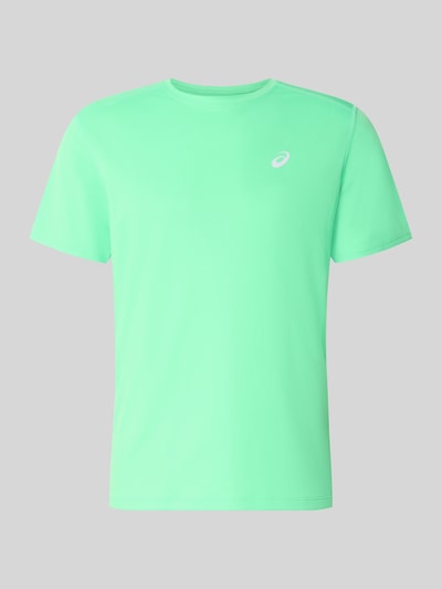 Produktfoto, t-shirt met logoprint Model 'CORE' van ASICS TIGER in recht model en ronde hals, ruglengte maat M: 72 cm, felgroene kleur, gladde textuur.