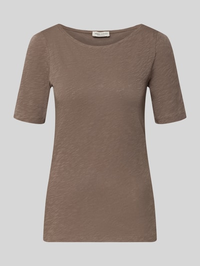 Produktfoto, Slim Fit T-Shirt aus reiner Baumwolle von Marc O'Polo, efektem melanżu, krój slim fit, nadruk z logo, dekolt w łódkę, krótki rękaw, wykończenie proste, wykończenie materiału: tkanina, bawełna