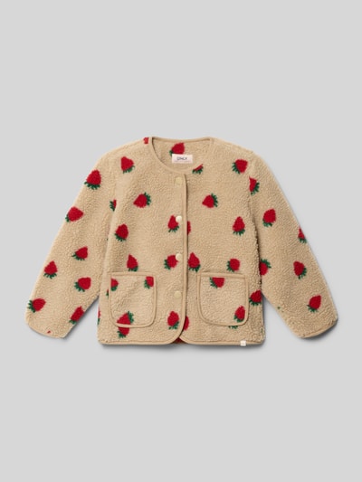 Produktfoto, Regular Fit Teddy Fleecejacke mit Allover-Muster Modell 'GHOKY' von Only, beige mit roten Mustern, Druckknopfleiste, Teddyfleece