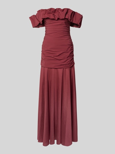 Produktfoto, Maxikleid im Off-Shoulder-Look mit Drapierungen von Jake*s Cocktail, katoenmix met stretch, recht model, off-shoulder-look, drapering, ritssluiting, ruglengte maat 36: 132 cm, borstwijdte maat 36: 34 cm.