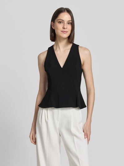 Frauenmodel trägt Slim Fit Blusentop mit Schößchen von HUGO, Optik: Unifarben, Passform: Slim-Fit, V-Ausschnitt, Reißverschluss, Ärmelform: Ohne Arm, Rumpfabschluss: Ausgestellt, Ganzkörperansicht von vorne.