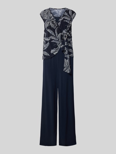 Produktfoto, Relaxed Fit Jumpsuit in Wickel-Optik von Vera Mont, granatowy, elastyczny materiał, kwiatowy print, ozdobne marszczenia, szerokie nogawki, długość całkowita 150 cm, szerokość w rozmiarze 36: 36 cm, długość nogawek 85 cm.