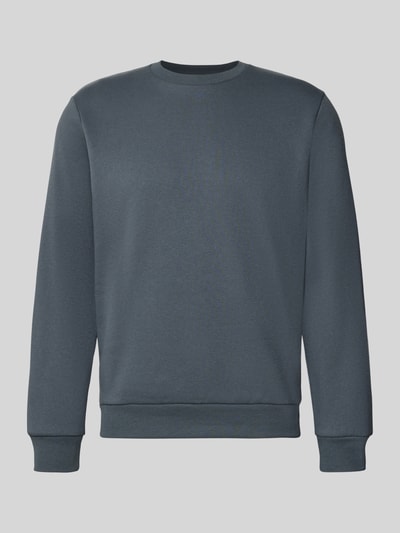 Produktfoto, Regular Fit Sweatshirt mit Baumwoll-Anteil Modell 'Bradley' von JACK & JONES in Dunkelblau mit Rundhalsausschnitt, gerippte Abschlüsse, dezentes Logo-Label, glatte Textur, Material-Mix