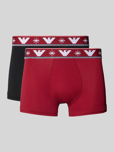 Produktfoto, Trunks mit elastischem Logo-Bund im 2er-Pack von Emporio Armani, Baumwoll-Elasthan-Mix, körpernahe Passform, rot und schwarz