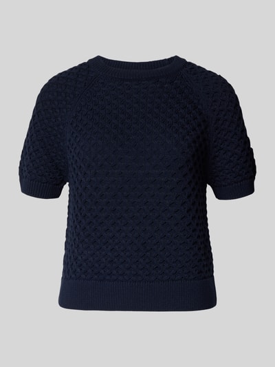 Produktfoto, Regular Fit Bluse in Strick-Optik von ROBE LÉGÈRE, dunkelblau, strukturiertes Muster, Baumwoll-Mix, kurzärmelig, semitransparent.