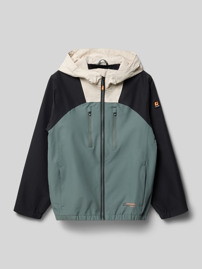 Produktfoto, Regular Fit Jacke mit Logo-Detail von Killtec für kinder in Grün, Beige und Schwarz mit Kapuze, Reißverschluss, Napoleontaschen, Eingrifftaschen mit Reißverschluss, Rückenlänge 54 cm, Schulterbreite 43 cm, Ärmellänge 50 cm.