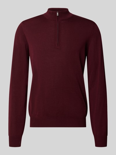 Produktfoto, Regular Fit Sweatshirt aus reiner Schurwolle mit Troyer-Kragen von MAERZ Muenchen, krój regular fit, czysta żywa wełna, kołnierz zapinany, elastyczne wykończenia, długość tyłu w rozmiarze 50: 69 cm, długość rękawów w rozmiarze 50: 68 cm, kolor bordowy, gładka tekstura