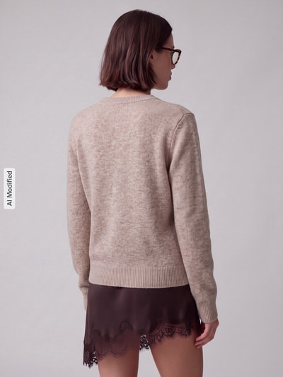 Frauenmodel trägt Regular Fit Strickjacke mit Woll-Anteil Modell 'MALOU' von PIECES in Beige, glatte Textur, Ganzkörperansicht Rückansicht, KI-modifiziertes Bild.