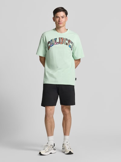 Männermodel trägt T-Shirt mit 1/2-Arm von COLUCCI in Mintgrün, reine Baumwolle, gerader Schnitt, Rundhalsausschnitt, Ganzkörperansicht von vorne.