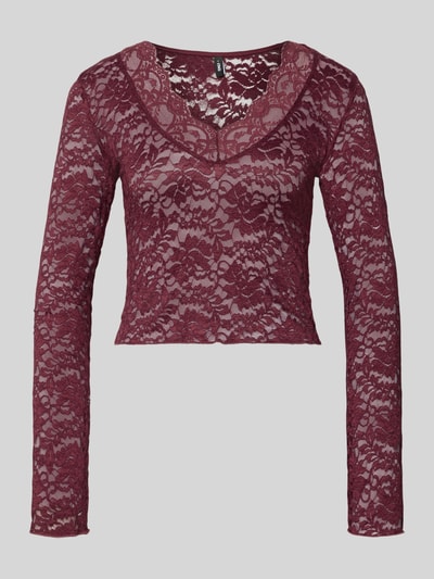 Produktfoto, Slim Fit Langarmshirt in Spitzen-Mesh-Optik Modell 'NIKKA' von ONLY, Damen Langarmshirt, bordeaux, florale Spitze, halbtransparent