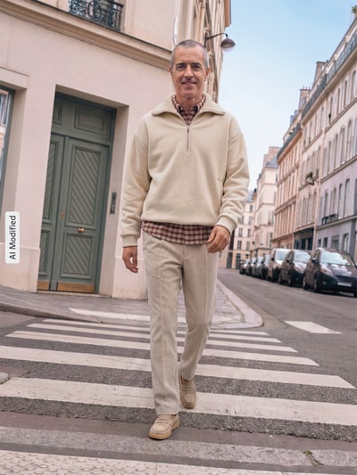 Männermodel trägt Regular Fit Sweatshirt aus Mieszanka bawełny mit kołnierz zapinany von DRYKORN, beżowy, wyhaftowane logo, długość tyłu 64 cm, długość rękawów 57 cm, Ganzkörperansicht von vorne, KI-modifiziertes Bild