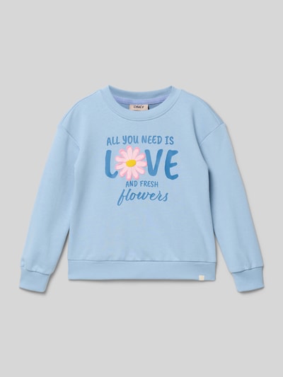 Produktfoto, Regular Fit Sweatshirt aus Baumwoll-Mix Modell 'GRUTHALINA' von ONLY, niebieski, jednokolorowy z nadrukiem motywu, okrągły dekolt, długie rękawy, ściągacze, materiał sweat, dziecięcy kontekst