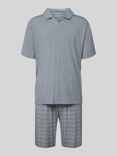 Productfoto, Heren Pyjama uit Viscosemix Model 'Selected Premium' van Schiesser, los model, V-hals met platte kraag, short met elastische band, grijze tinten, ruittextuur op de short