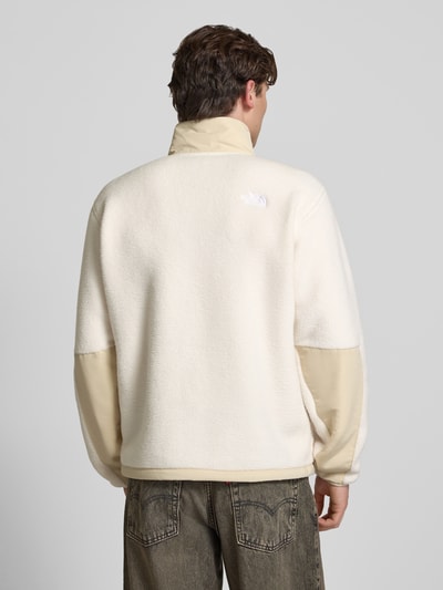 Männermodel trägt Fleecepullover mit Napoleontasche Modell 'YUMIORI' von The North Face in Beige und Gerade Passform, Rückenansicht.