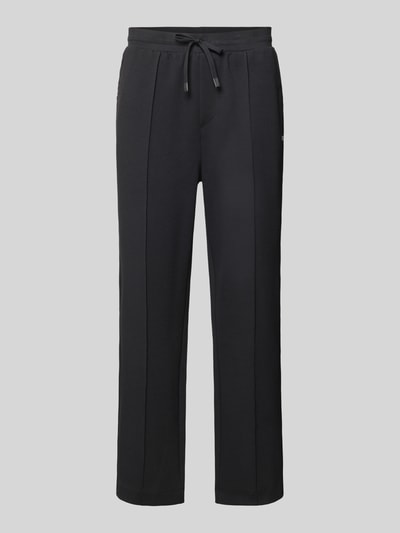 Productfoto, Regular Fit Sweatpants uit katoenmix model 'JT_Member Hurley' van BOSS Green, effen zwart met gestikte persvouwen, label stitching, elastische tailleband met trekkoord, zijsteekzakken, imitatie achterzak, sweatmateriaal.