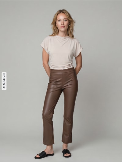 Raffaello Rossi Wide leg kunstleren broek van viscosemix model 'MACY' Taupe - 1