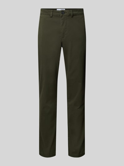 Produktfoto, zielone spodnie Slim Fit Chino aus Baumwoll-Mix Modell 'MILES' od Selected Homme, bawełniana tekstura, gładki materiał, pasek, kieszenie boczne i tylne