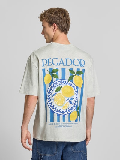 Männermodel trägt Oversized T-Shirt mit Backprint und Rundhalsausschnitt von PEGADOR in Hellgrau mit buntem Label-Print, Ganzkörperansicht Rückansicht.