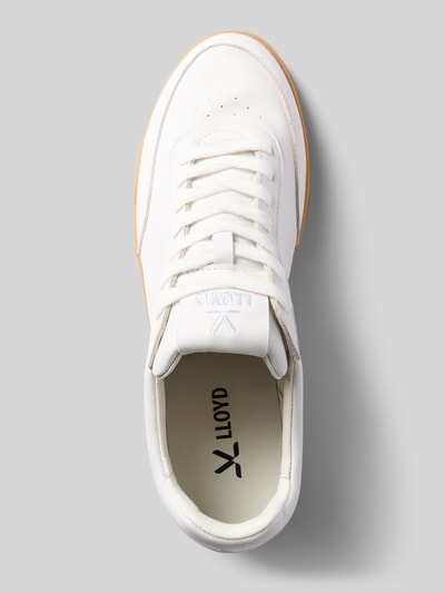 Produktfoto, Sneaker aus Leder mit Label-Details Modell 'PRIME' von Lloyd in Weiß, abgerundete Spitze, Schnürverschluss, leicht profilierte Sohle, sichtbares Lloyd Logo, Beschichtung sorgt für glatte Textur, Absatzhöhe 3 cm, Schafthöhe 8 cm, Schaftweite 9 cm, Ansicht von oben